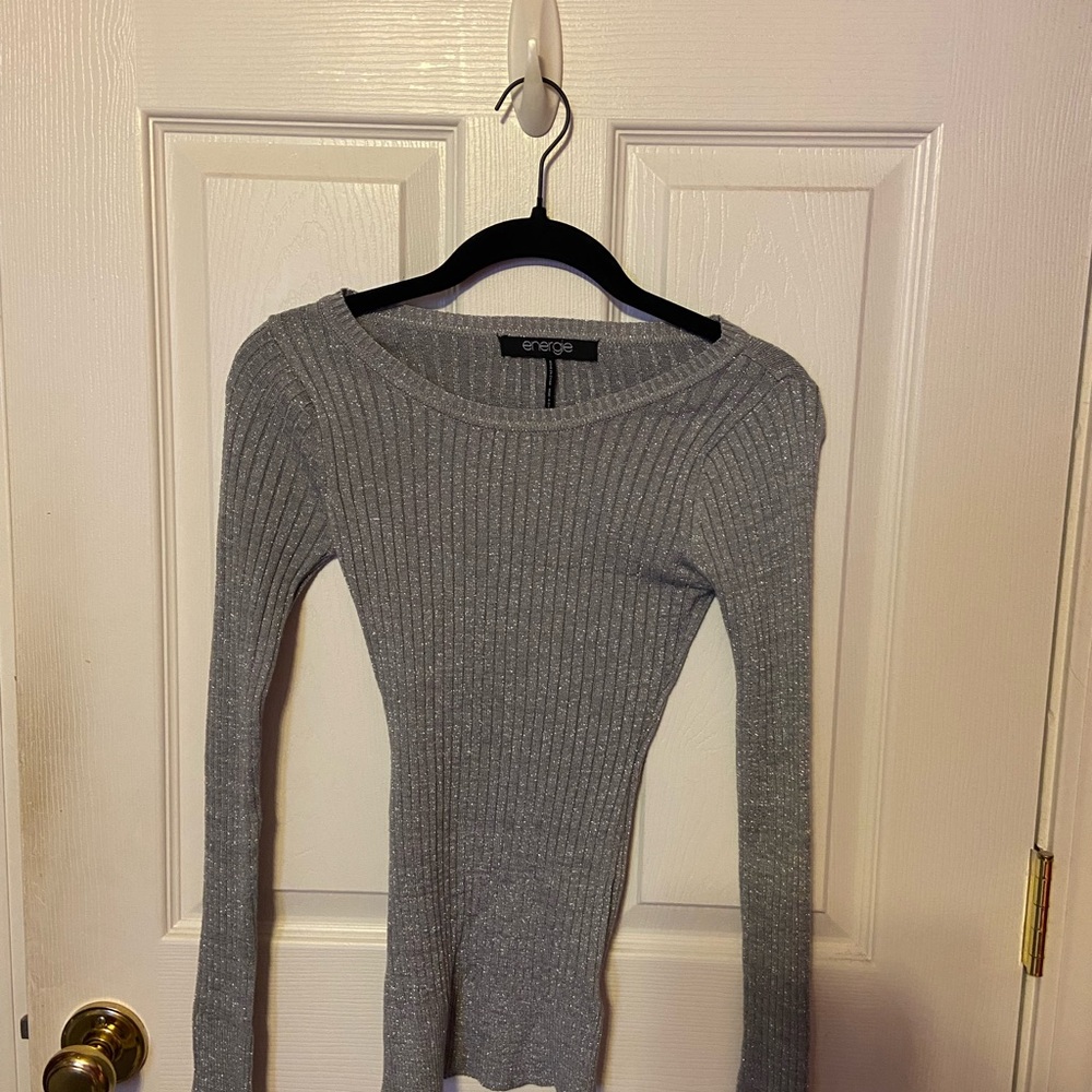 Energie Metallic Silver Ribbed Knit Top